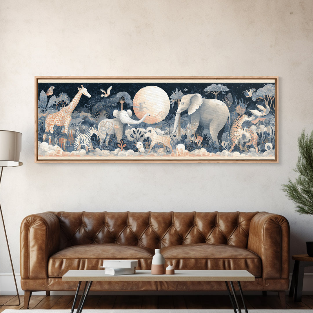 Pastel Jungle Animals Framed Canvas Print, Nursery Art, Nursery Prints, Nursery Decor, Fine Art, Nursery, Kids Wall Decor, NUR-3x1-58