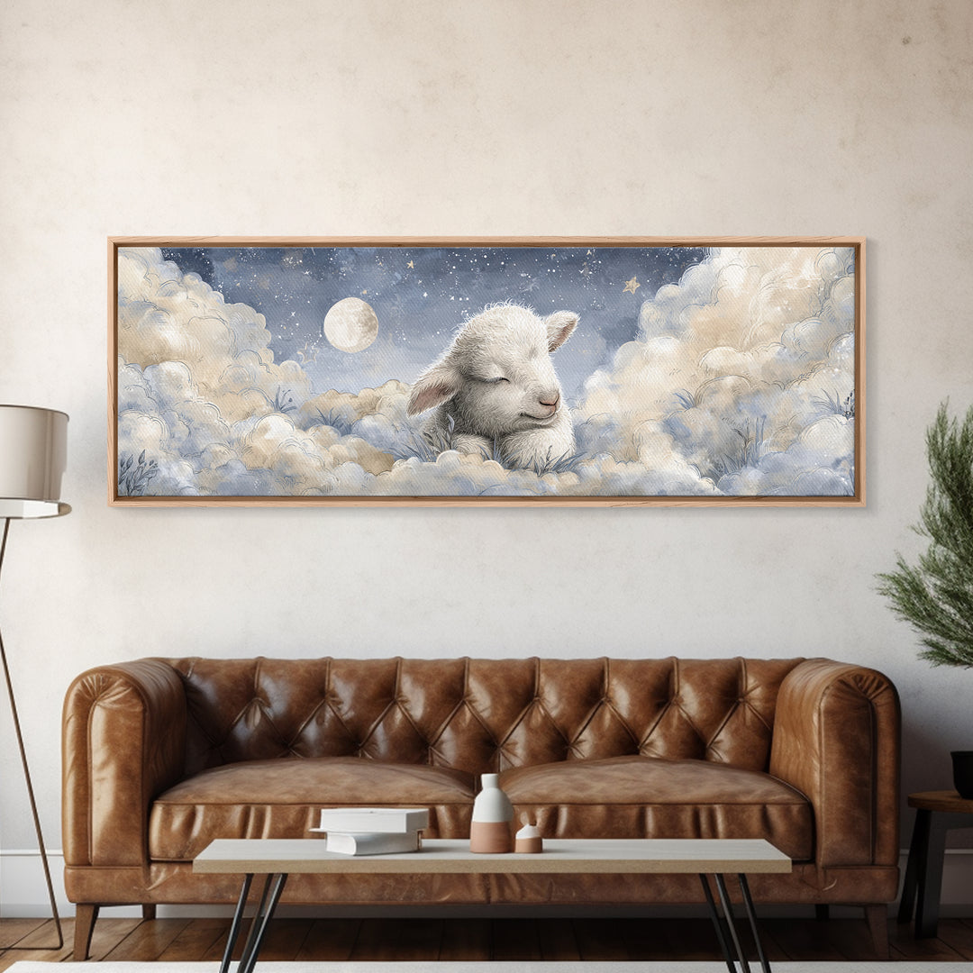 Little Lamb under a Starry Sky Framed Canvas Print, Nursery Art, Wall Art, Nursery Decor, Fine Art, Nursery, Nursery Prints, NUR-3x1-59