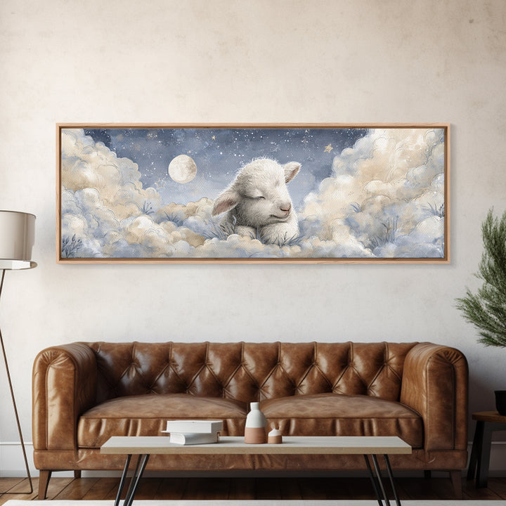 Little Lamb under a Starry Sky Framed Canvas Print, Nursery Art, Wall Art, Nursery Decor, Fine Art, Nursery, Nursery Prints, NUR-3x1-59