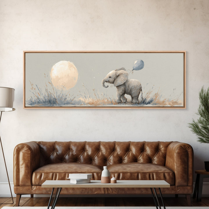 Sleepy Baby Elephant Holding a Tiny Balloon Canvas Print, Nursery Art, Playroom Wall Art, Nursery Decor, Watercolor Art, NUR-3x1-65