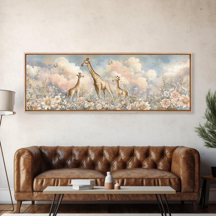 Gentle Giraffe with Pastel Flowers Canvas Print, Nursery Art, Wall Art Set of 3, Nursery Decor, Watercolor Art, Nursery, NUR-3x1-66