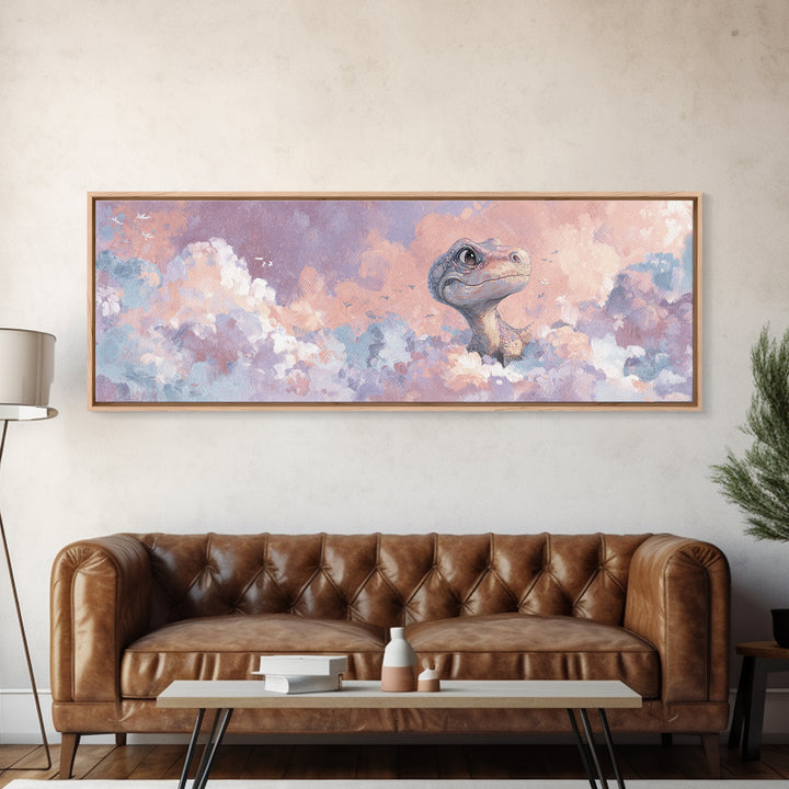 Tiny Dinosaur with Friendly Expression Framed Canvas Print, Nursery Art, Gallery Decor, Nursery Decor, Fine Art, Nursery, NUR-3x1-7
