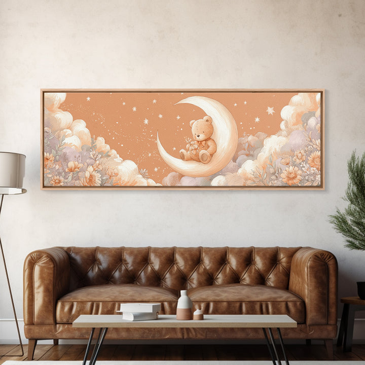 Baby Bear Floating on a Crescent Moon Canvas Print, Nursery Art, Luxury Decor, Nursery Decor, Oil Painting, Nursery, NUR-3x1-70