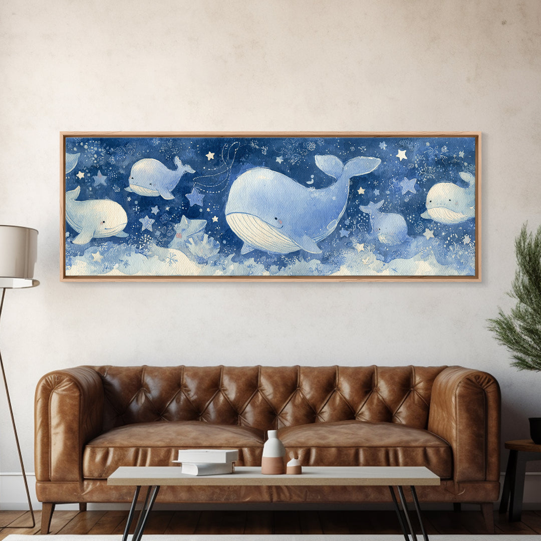 Whale and Tiny Stars Framed Canvas Print, Nursery Art, Wall Art, Nursery Decor, Nursery, Nursery Prints, Playroom Decor, NUR-3x1-72