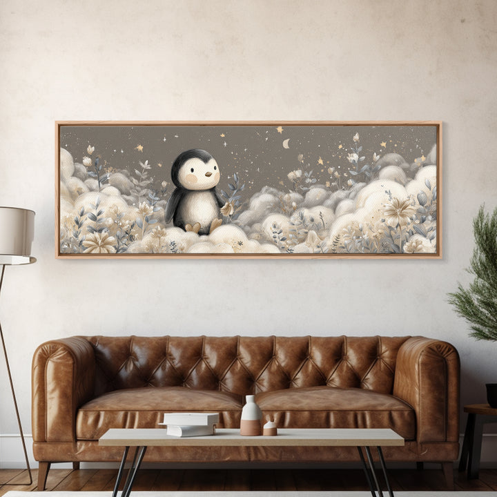 Penguin Holding a Little Heart Shape Framed Canvas Print, Nursery Art, Butterfly Wall Art, Nursery Decor, Fine Art, Nursery, NUR-3x1-74