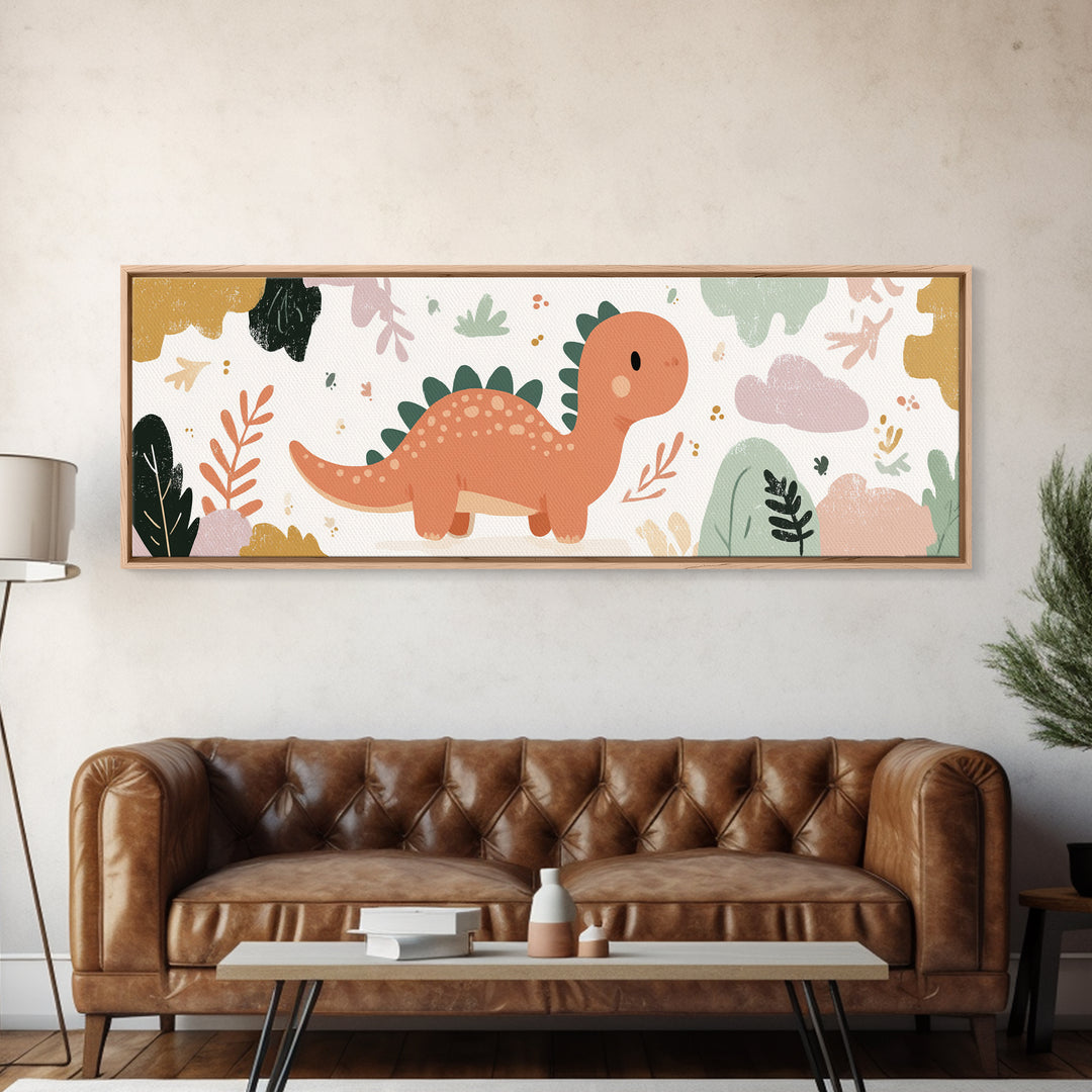 Tiny Dinosaur with Friendly Expression Framed Canvas Print, Nursery Art, Nursery Wall Decor, Nursery Decor, Oil Painting, NUR-3x1-79