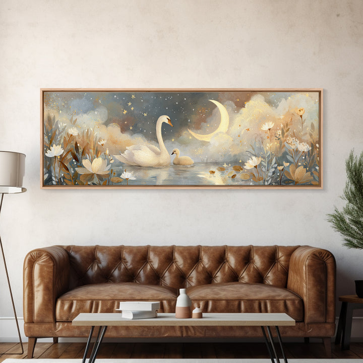 Swan and Cygnet Canvas Print, Nursery Art, Playroom Wall Art, Nursery Decor, Fine Art, Nursery, Statement Artwork, Boho Decor, NUR-3x1-8
