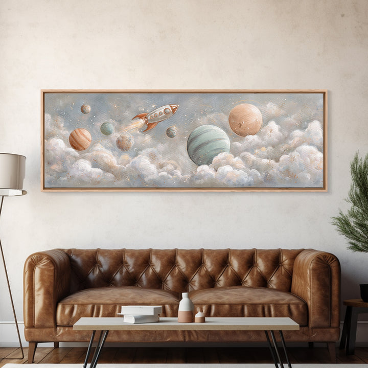 Rocket Ship and Smiling Planets Canvas Print, Nursery Art, Baby Girl Nursery, Nursery Decor, Oil Painting, Nursery, NUR-3x1-85