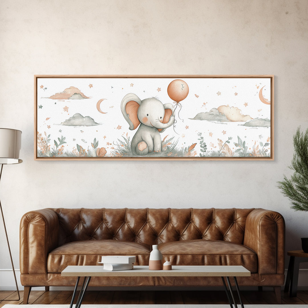 Sleepy Baby Elephant Holding a Tiny Balloon Framed Canvas Print, Nursery Art, Woodland Nursery Art, Nursery Decor, Oil Painting, NUR-3x1-89
