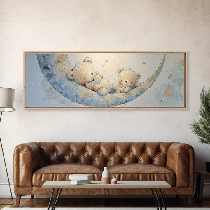Baby Bear Floating on a Crescent Moon Canvas Print, Nursery Art, Digital Download Art, Nursery Decor, Watercolor Art, Nursery, NUR-3x1-94