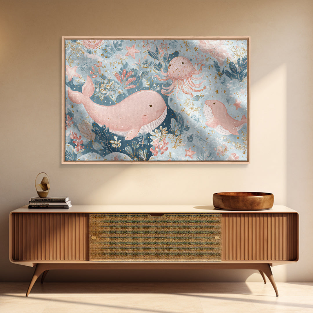 Friendly Ocean Creatures Framed Canvas Print, Nursery Art, Modern Decor, Nursery Decor, Fine Art, Nursery, Art Print, NUR-3x2-100