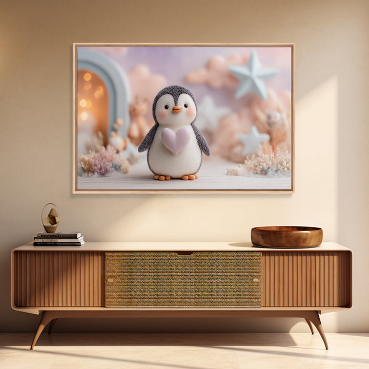 Penguin Holding a Little Heart Shape Framed Canvas Print, Nursery Art, Nursery Wall Art, Nursery Decor, Fine Art, Nursery, NUR-3x2-14