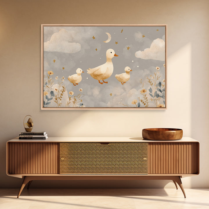 Ducklings Following a Mother Duck Framed Canvas Print, Nursery Art, Printable Art, Nursery Decor, Nursery, Watercolor Print, NUR-3x2-18