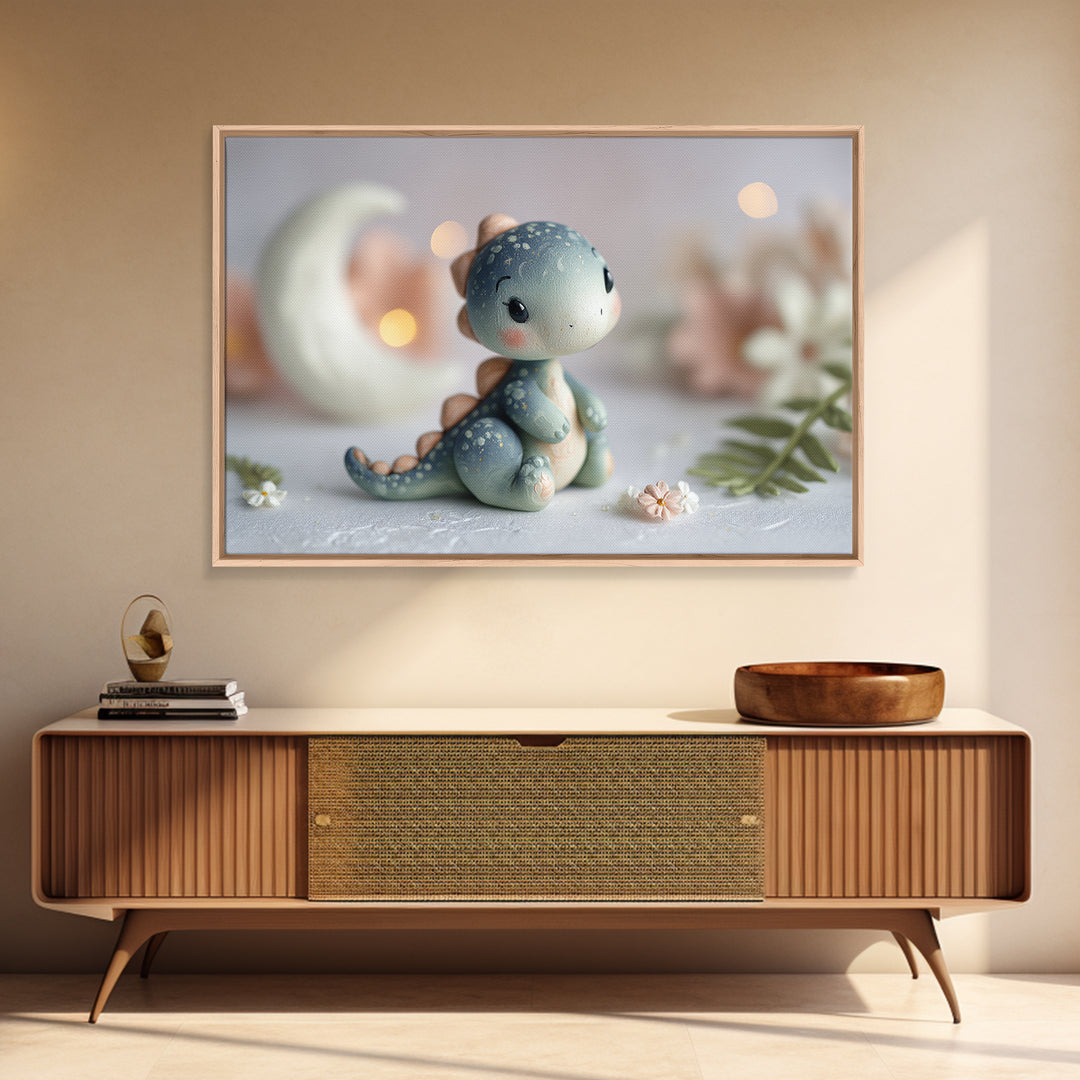 Tiny Dinosaur with Friendly Expression Framed Canvas Print, Nursery Art, Playroom Wall Art, Nursery Decor, Fine Art, Nursery, NUR-3x2-19