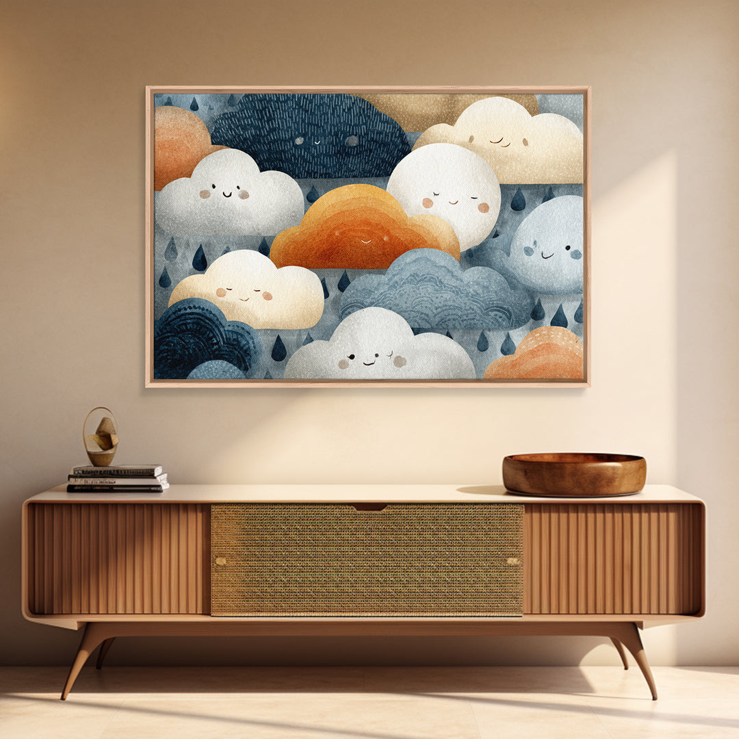Clouds and Raindrops Framed Canvas Print, Nursery Art, Printable Wall Art, Nursery Decor, Fine Art, Nursery, Butterfly Wall Art, NUR-3x2-2