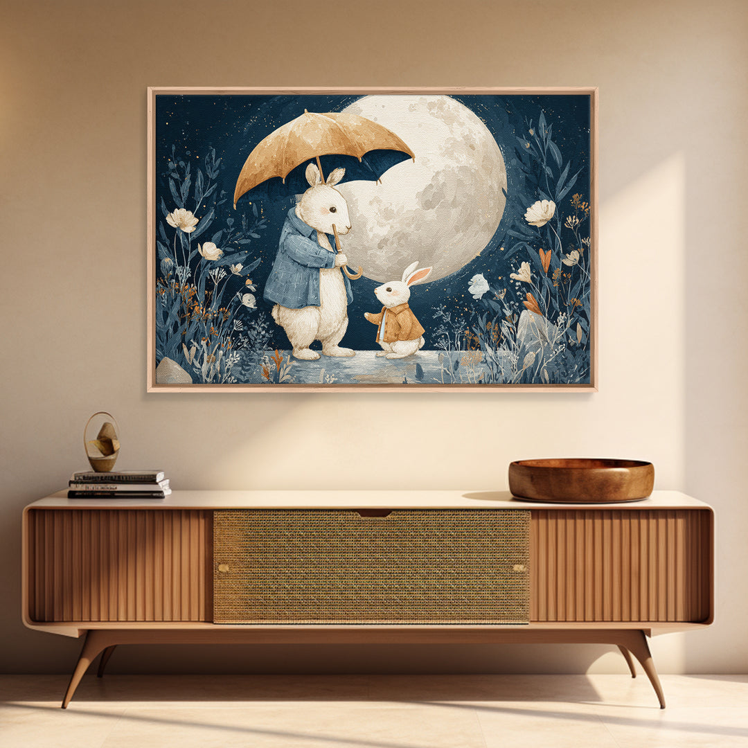 Bear and Rabbit Sharing Umbrella Canvas Print, Nursery Art, Digital Download Art, Nursery Decor, Nursery, Whimsical Wall Art, NUR-3x2-21