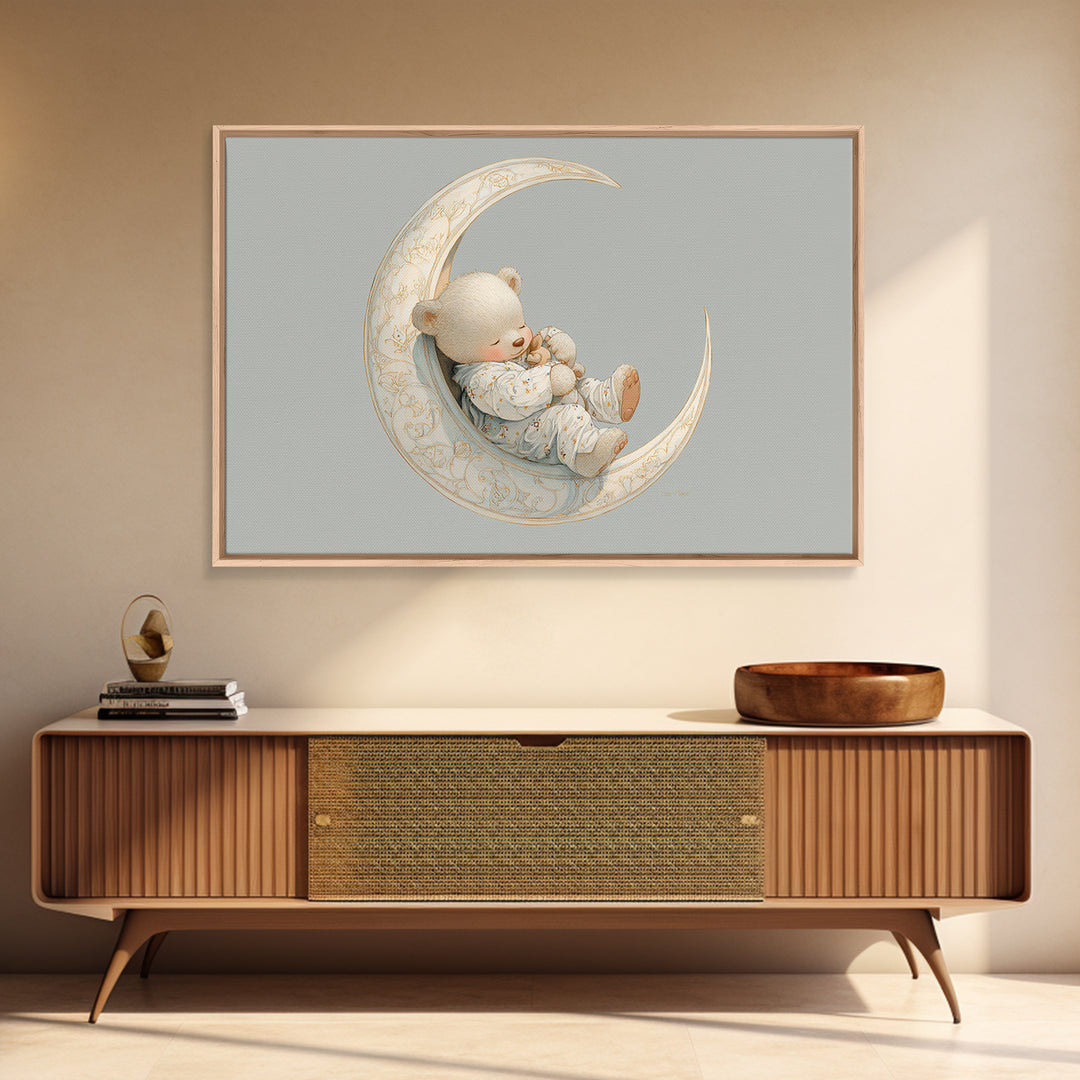 Baby Bear Floating on a Crescent Moon Canvas Print, Nursery Art, Digital Download Art, Nursery Decor, Watercolor Art, Nursery, NUR-3x2-34