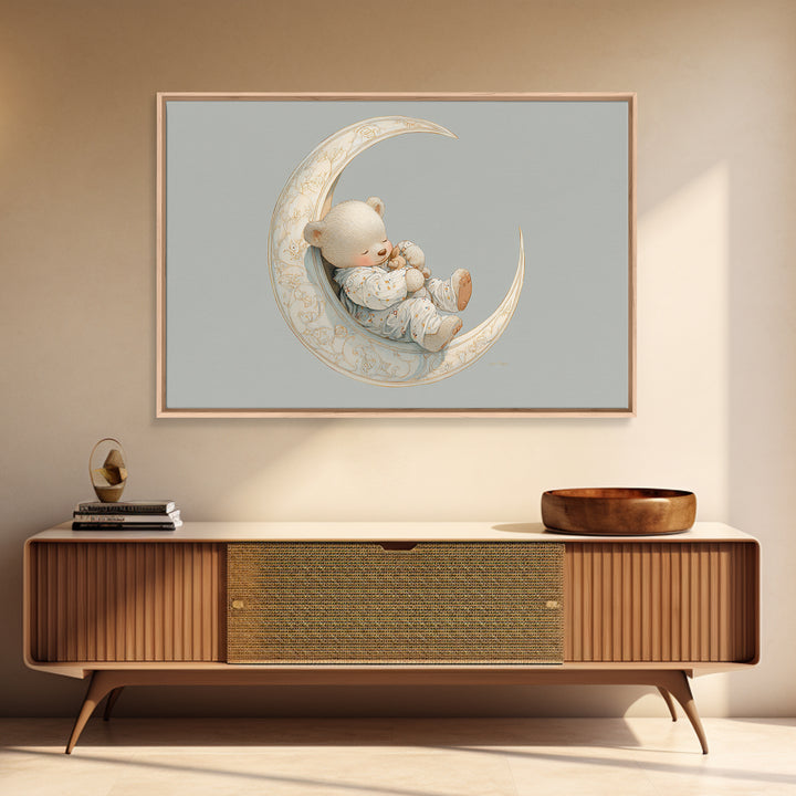 Baby Bear Floating on a Crescent Moon Canvas Print, Nursery Art, Digital Download Art, Nursery Decor, Watercolor Art, Nursery, NUR-3x2-34