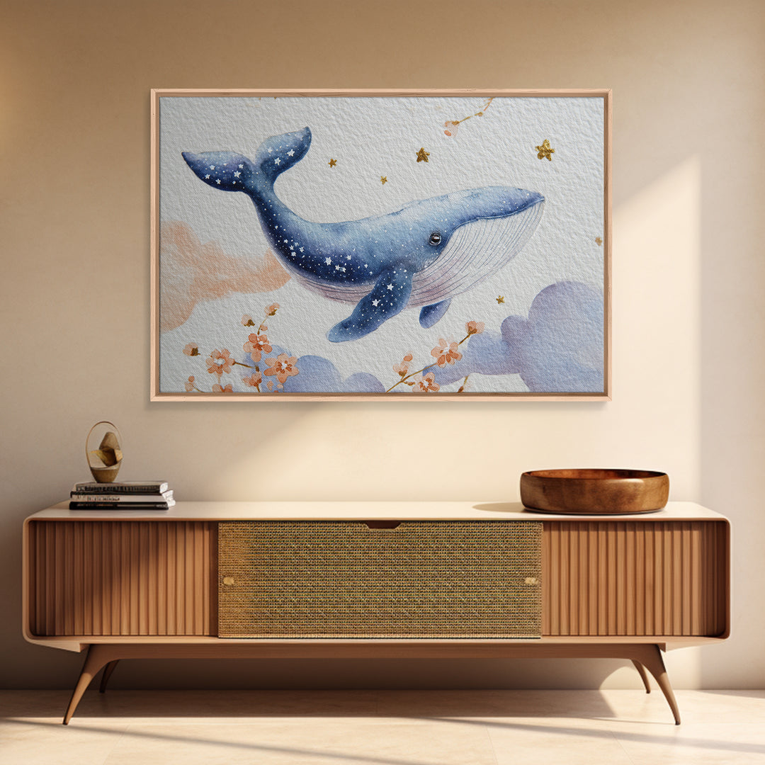Whale and Tiny Stars Framed Canvas Print, Nursery Art, Kids Wall Art, Nursery Decor, Fine Art, Nursery, Gallery Decor, NUR-3x2-36