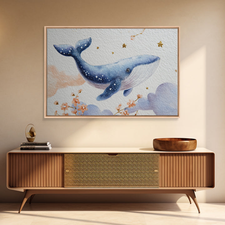Whale and Tiny Stars Framed Canvas Print, Nursery Art, Kids Wall Art, Nursery Decor, Fine Art, Nursery, Gallery Decor, NUR-3x2-36