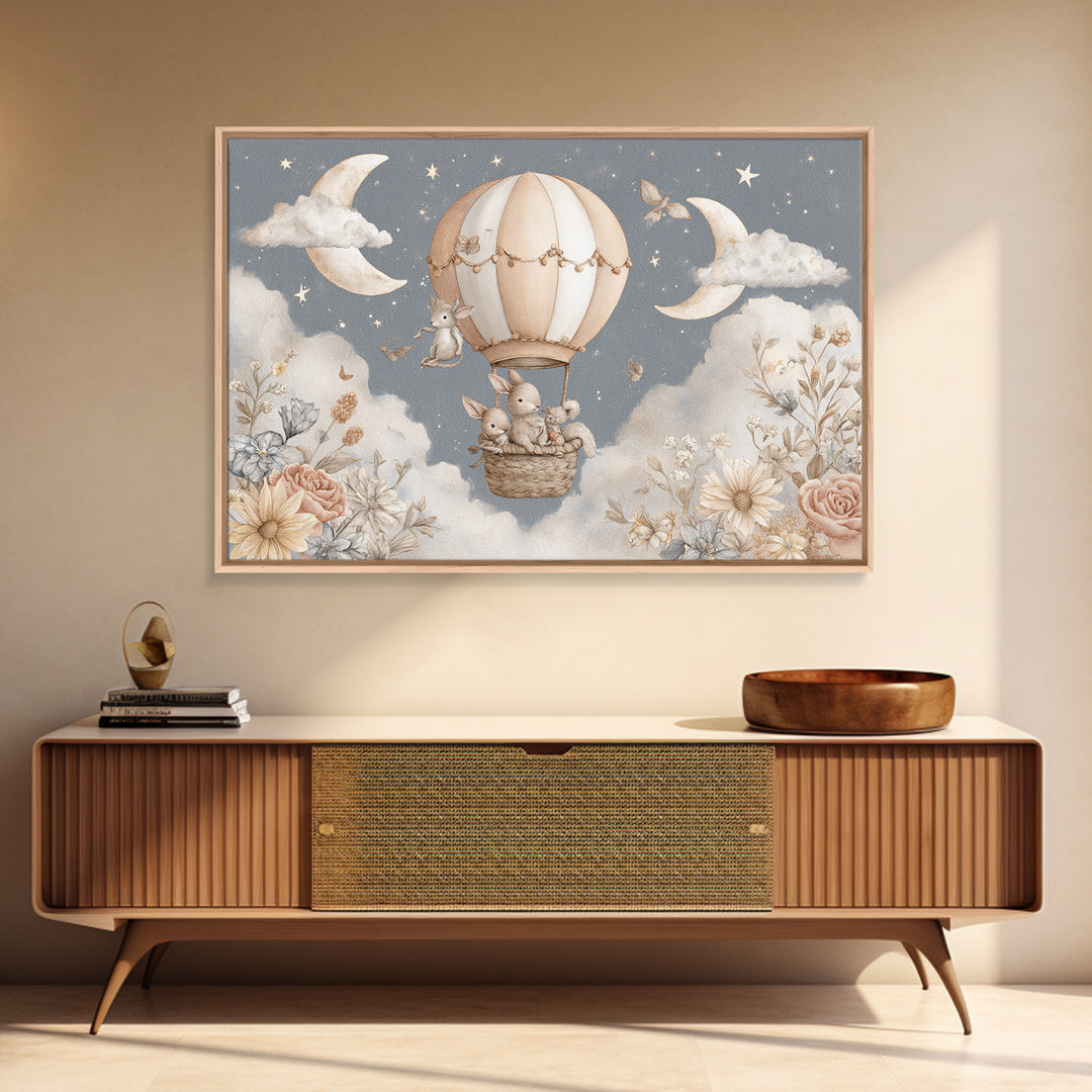 Floating Hot Air Balloon Framed Canvas Print, Nursery Art, Woodland Nursery, Nursery Decor, Oil Painting, Nursery, NUR-3x2-40