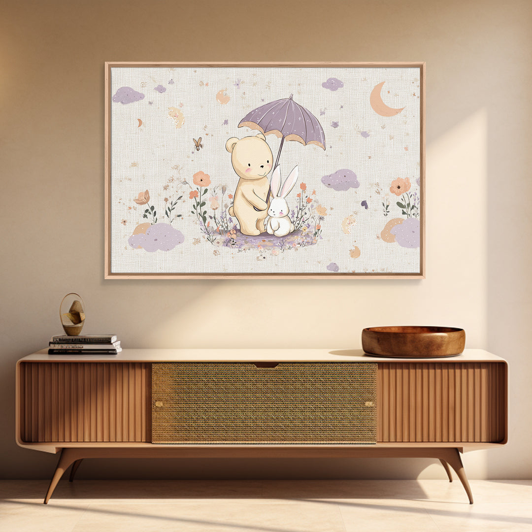 Bear and Rabbit Sharing Umbrella Framed Canvas Print, Nursery Art, Playroom Wall Art, Nursery Decor, Fine Art, Nursery, NUR-3x2-45