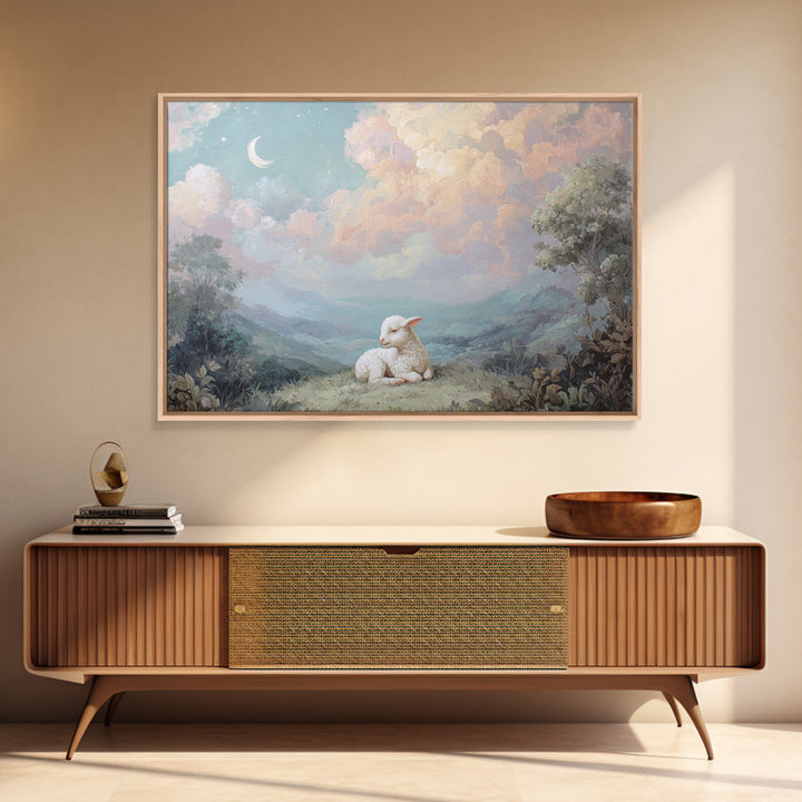 Little Lamb under a Starry Sky Framed Canvas Print, Nursery Art, Room Decor, Nursery Decor, Oil Painting, Nursery, NUR-3x2-47