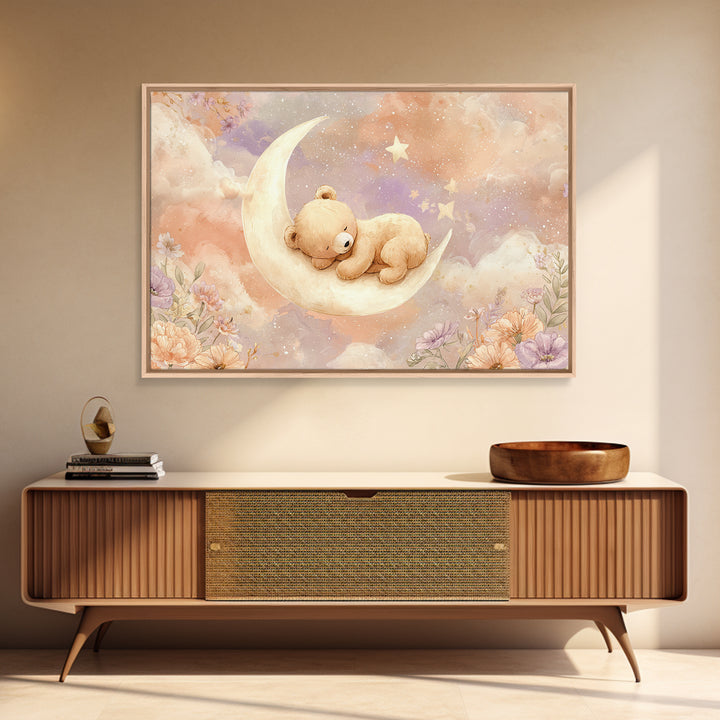 Baby Bear Floating on a Crescent Moon Canvas Print, Nursery Art, Digital Download Art, Nursery Decor, Watercolor Art, Nursery, NUR-3x2-58