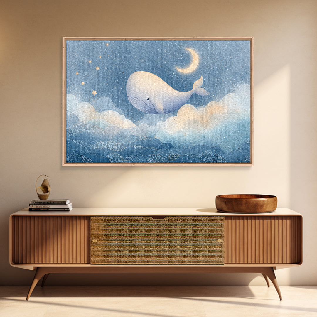 Whale and Tiny Stars Framed Canvas Print, Nursery Art, Whimsical Wall Art, Nursery Decor, Fine Art, Nursery, Minimalist Decor, NUR-3x2-60