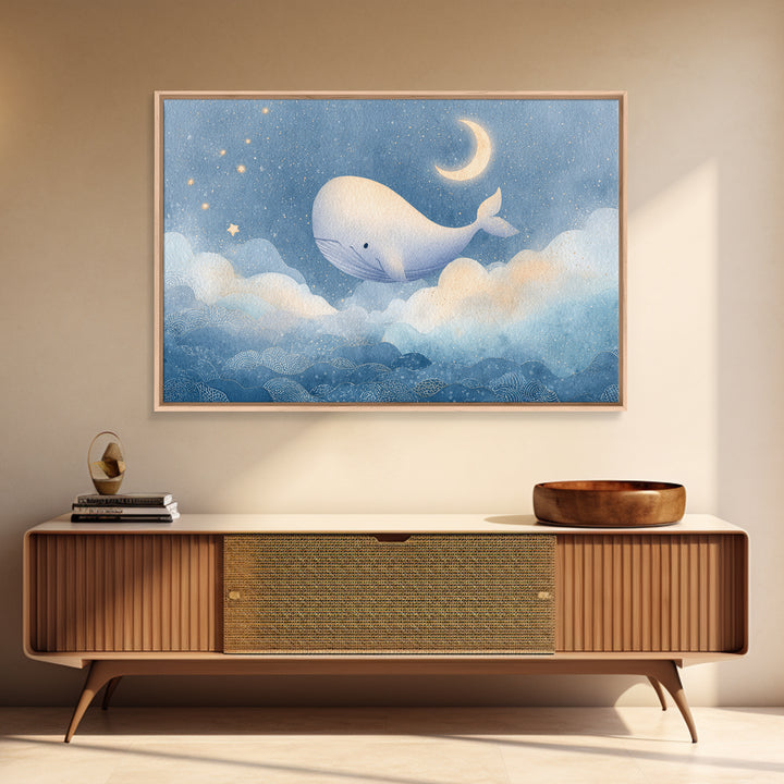 Whale and Tiny Stars Framed Canvas Print, Nursery Art, Whimsical Wall Art, Nursery Decor, Fine Art, Nursery, Minimalist Decor, NUR-3x2-60