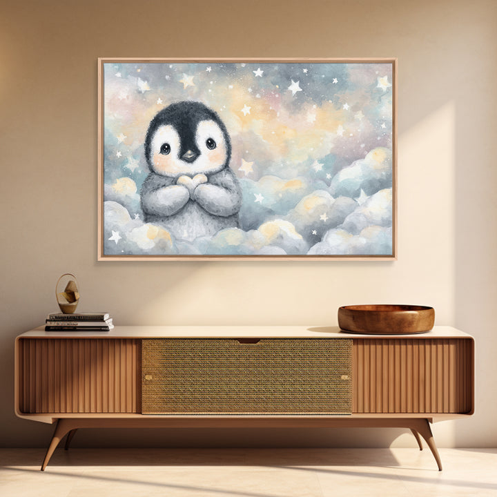 Penguin Holding a Little Heart Shape Canvas Print, Nursery Art, Nursery Prints, Nursery Decor, Abstract Art, Nursery, NUR-3x2-62