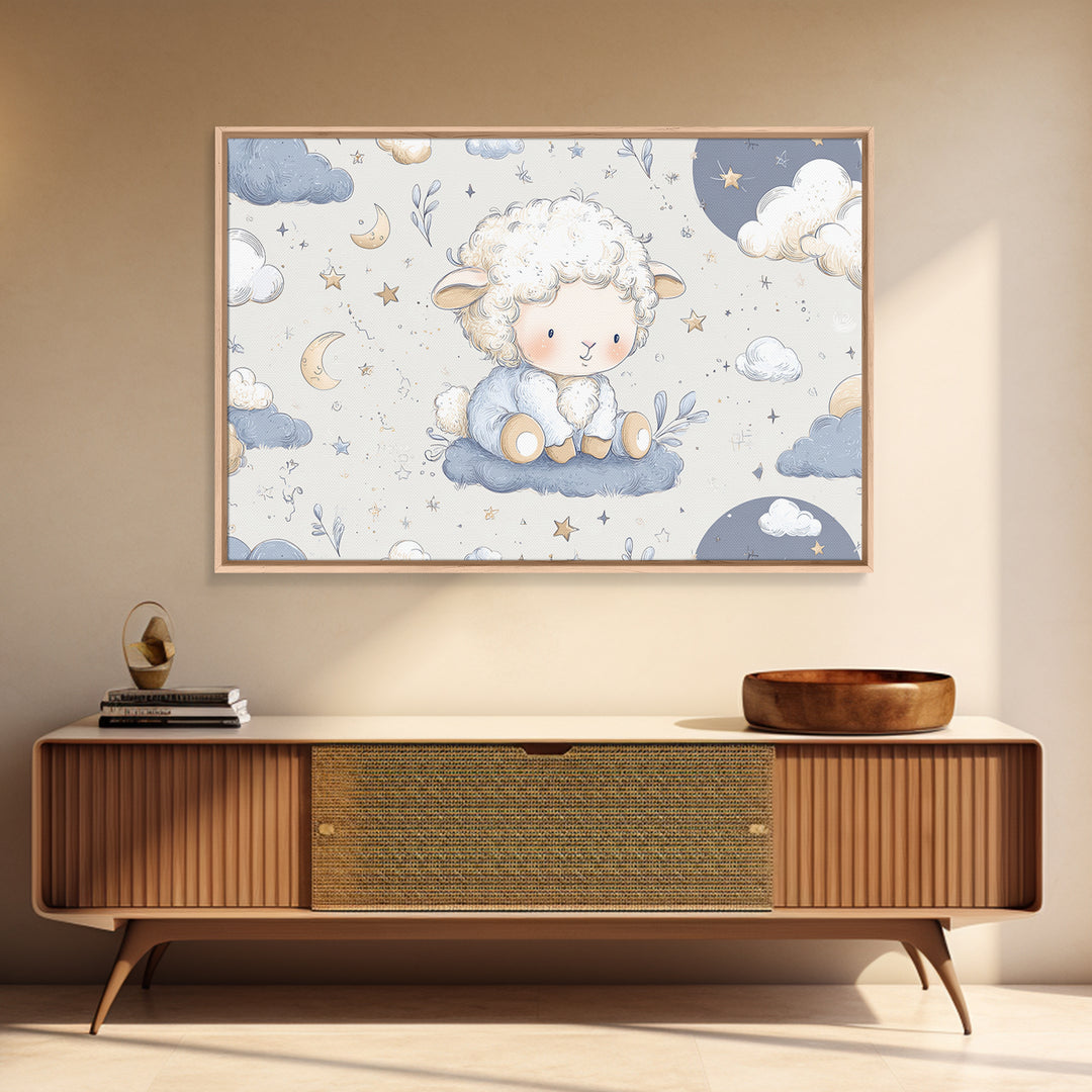 Little Lamb under a Starry Sky Framed Canvas Print, Nursery Art, Kids Wall Art, Nursery Decor, Watercolor Art, Nursery, NUR-3x2-71