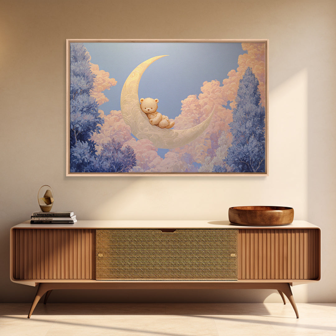 Baby Bear Floating on a Crescent Moon Framed Canvas Print, Nursery Art, Playroom Wall Art, Nursery Decor, Oil Painting, Nursery, NUR-3x2-82