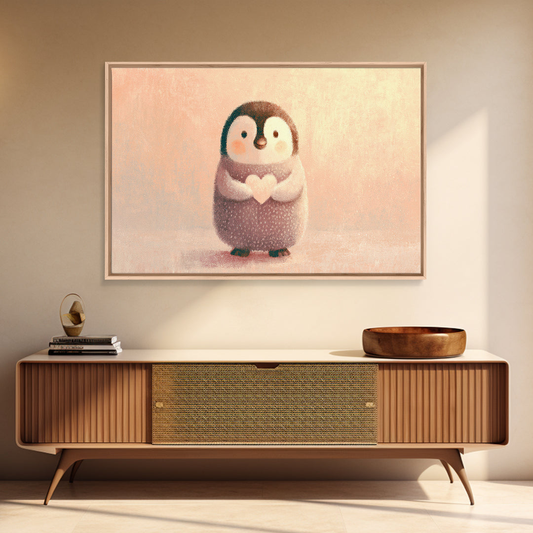 Penguin Holding a Little Heart Shape Framed Canvas Print, Nursery Art, Kids Wall Art, Nursery Decor, Abstract Art, Nursery, NUR-3x2-86