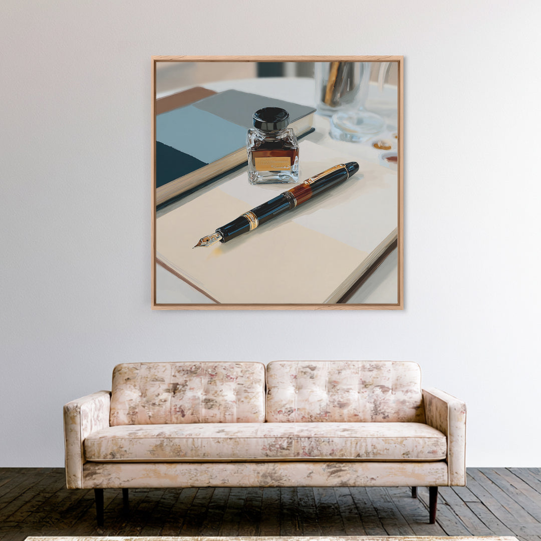 Fountain Pen and Notebook Still Life Without Canvas Print, Office Art, Ai Art, Office Decor, Oil Painting, Focus, OFF-1x1-22