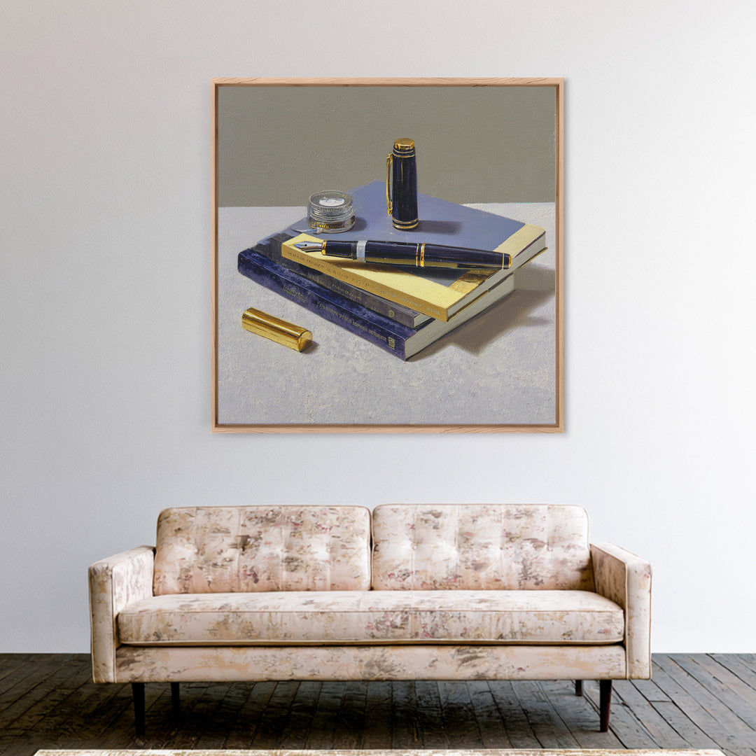 Fountain Pen and Notebook Still Life Without Framed Canvas Print, Office Art, Dopamine Decor, Office Decor, Fine Art, Focus, OFF-1x1-46