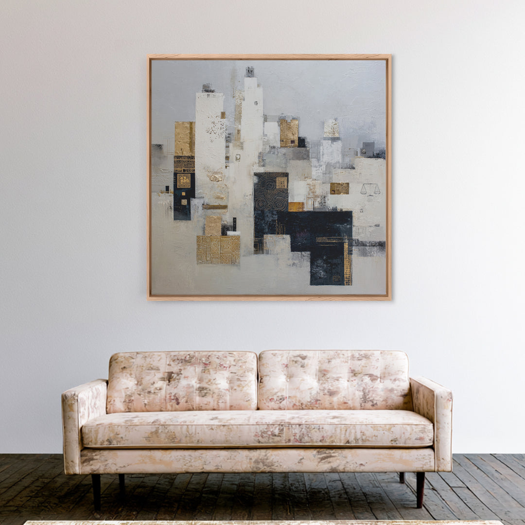 Black and White City Skyline Silhouette Framed Canvas Print, Office Art, Fine Art Print, Office Decor, Abstract Art, Focus, OFF-1x1-53