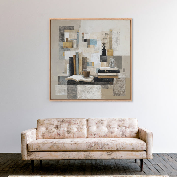 Books and Coffee Still Life Framed Canvas Print, Office Art, Statement Artwork, Office Decor, Abstract Art, Focus, Wall Decor, OFF-1x1-57