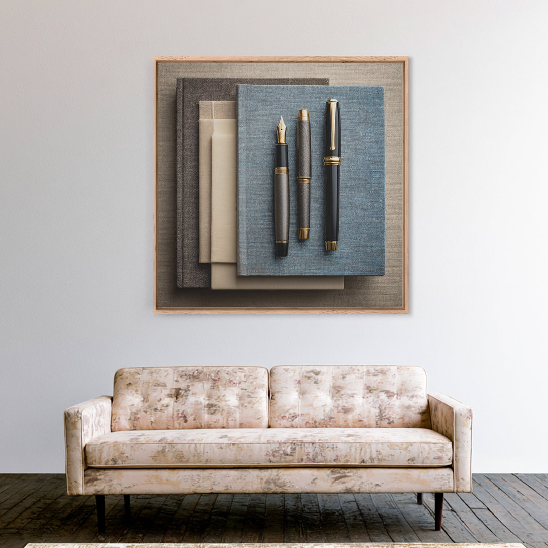 Fountain Pen and Notebook Still Life Without Framed Canvas Print, Office Art, Dopamine Decor, Office Decor, Fine Art, Focus, OFF-1x1-70