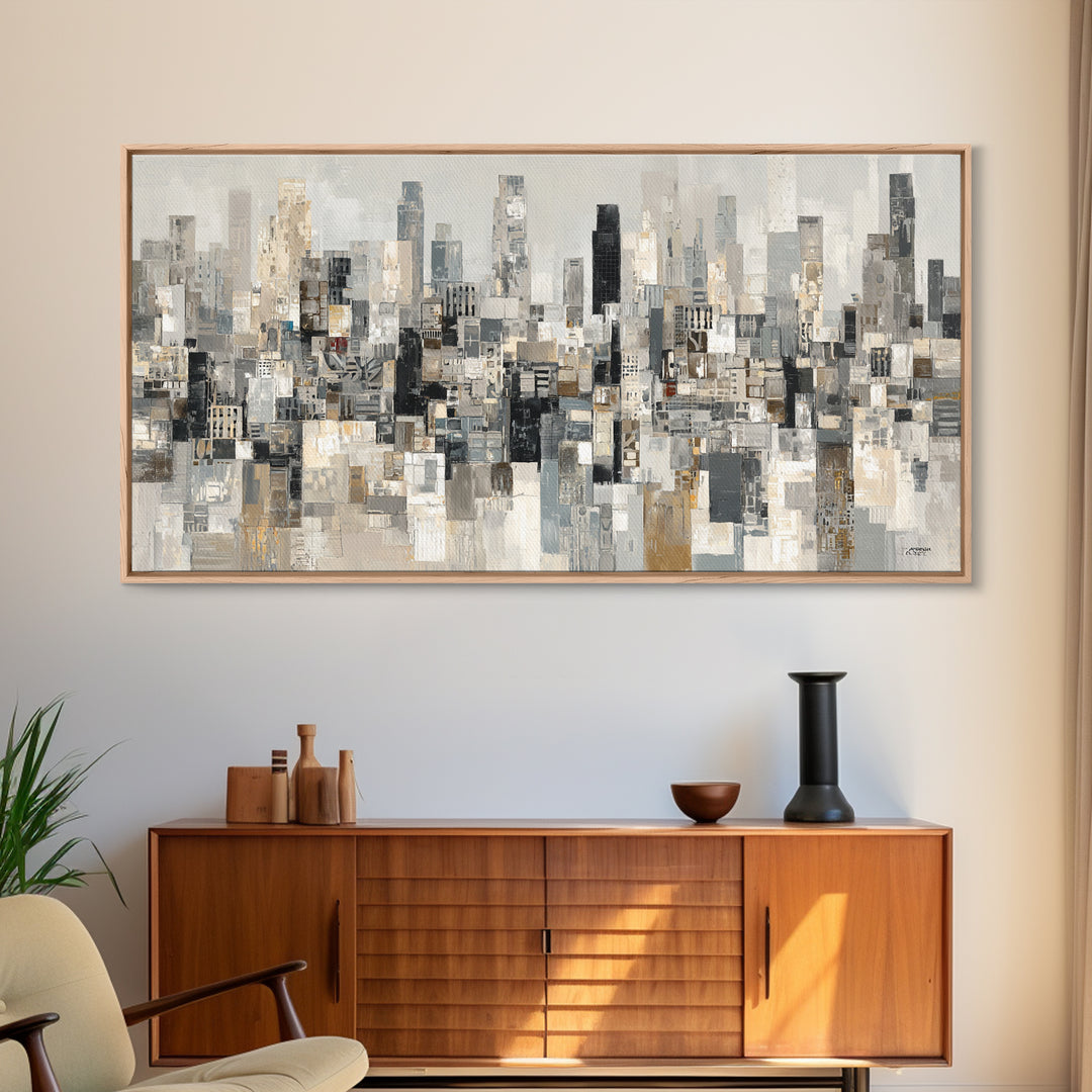 Black and White City Skyline Silhouette Framed Canvas Print, Office Art, Home Decor, Office Decor, Fine Art, Focus, Art Deco, OFF-2x1-1