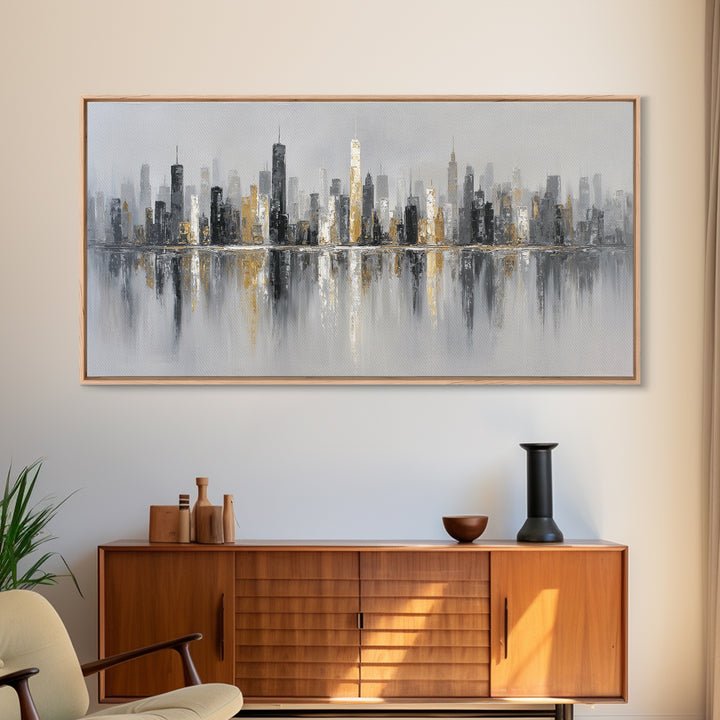 Black and White City Skyline Silhouette Framed Canvas Print, Office Art, Home Decor, Office Decor, Fine Art, Focus, Art Deco, OFF-2x1-25