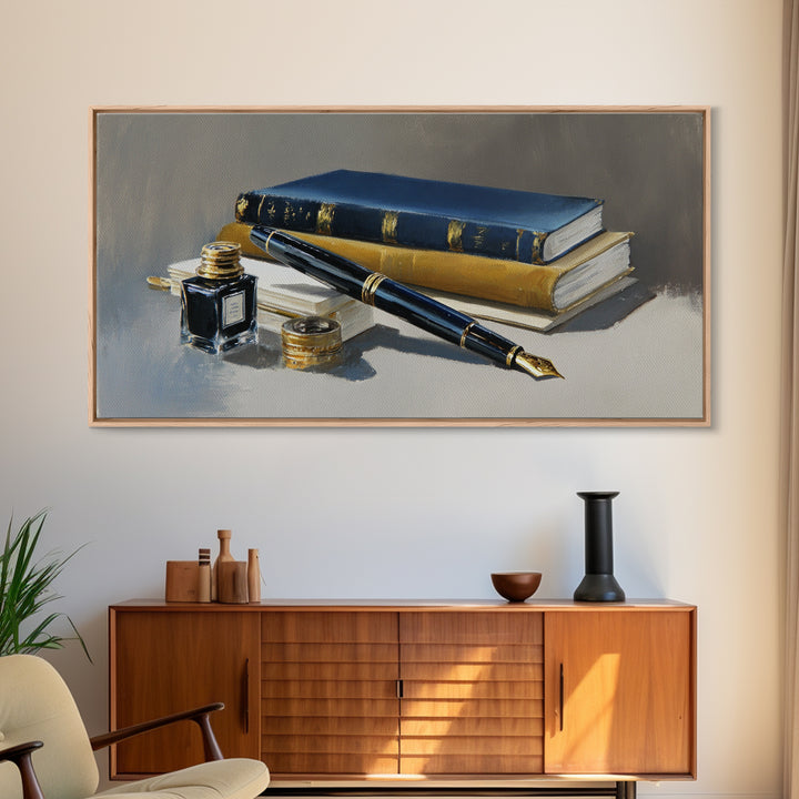 Fountain Pen and Notebook Still Life Without Framed Canvas Print, Office Art, Poster, Office Decor, Oil Painting, Focus, OFF-2x1-90