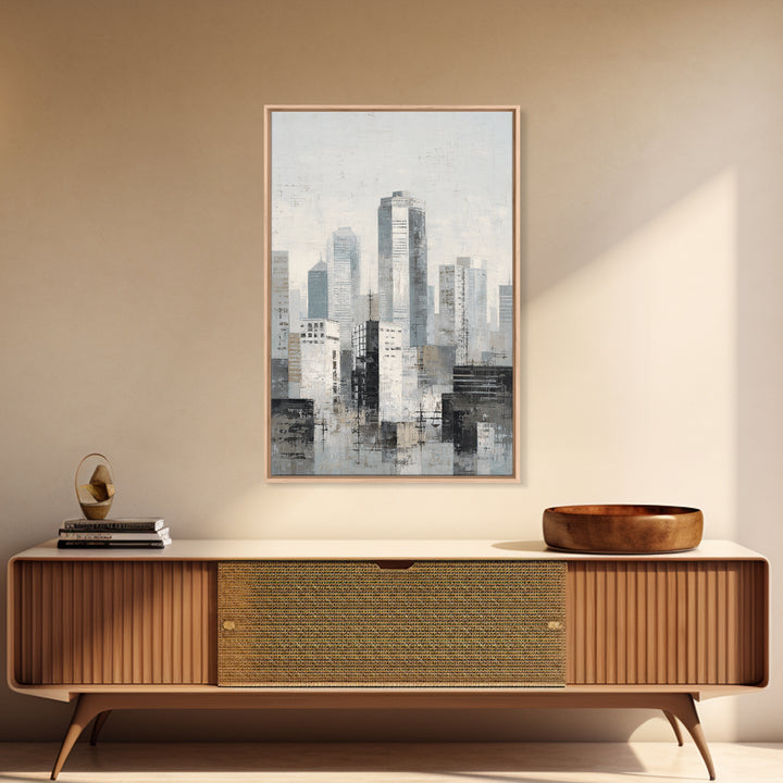 Black and White City Skyline Silhouette Framed Canvas Print, Office Art, Wall Decor, Office Decor, Abstract Art, Focus, OFF-2x3-37