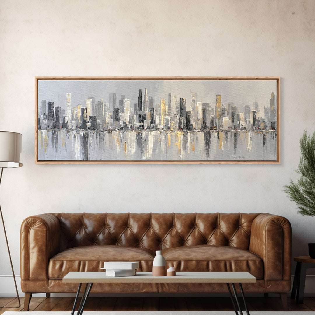 Black and White City Skyline Silhouette Framed Canvas Print, Office Art, Office Wall Art, Office Decor, Fine Art, Focus, OFF-3x1-69