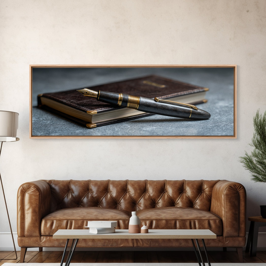 Fountain Pen and Notebook Still Life Without Canvas Print, Office Art, Office Decor, Watercolor Art, Focus, Abstract Wall Art, OFF-3x1-86