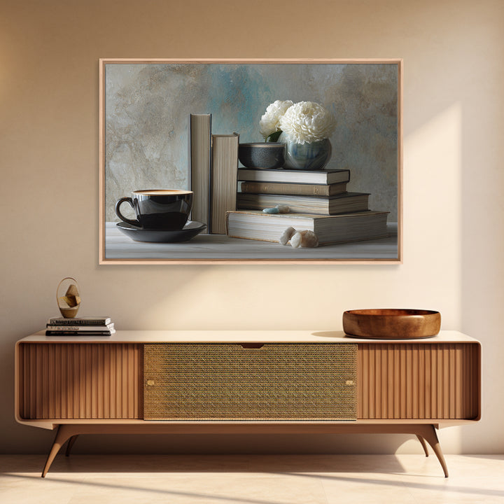 Books and Coffee Still Life Canvas Print, Office Art, Living Room Decor, Office Decor, Oil Painting, Focus, Fine Art Print, OFF-3x2-61
