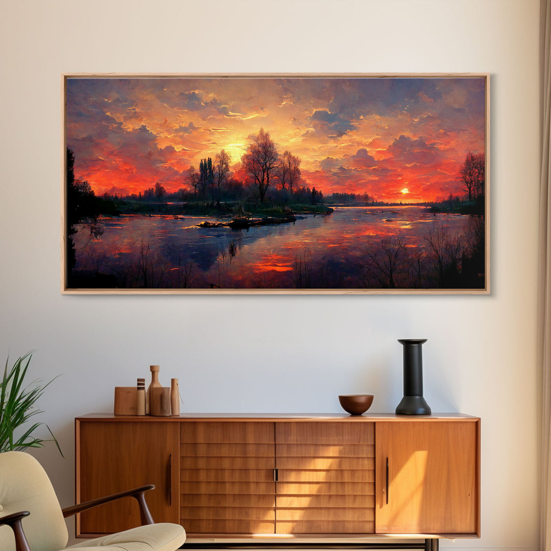 Lake Sunset Oil Painting On Canvas, Canvas Print, Ready to hang gallery wrapped nature canvas print, Lake Art, lake life oil painting style