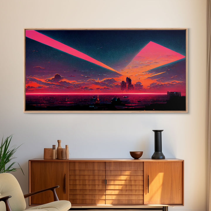 Cyberpunk lake art, city canvas, video game concept art, living room wall art, dystopian art, outrun city at sunset, man cave canvas print
