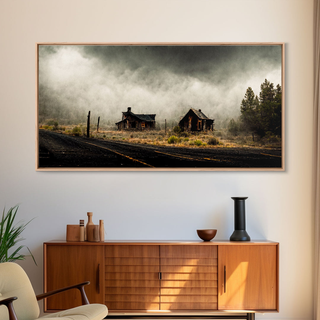 Ghost town canvas art, wild west theme, abandoned art