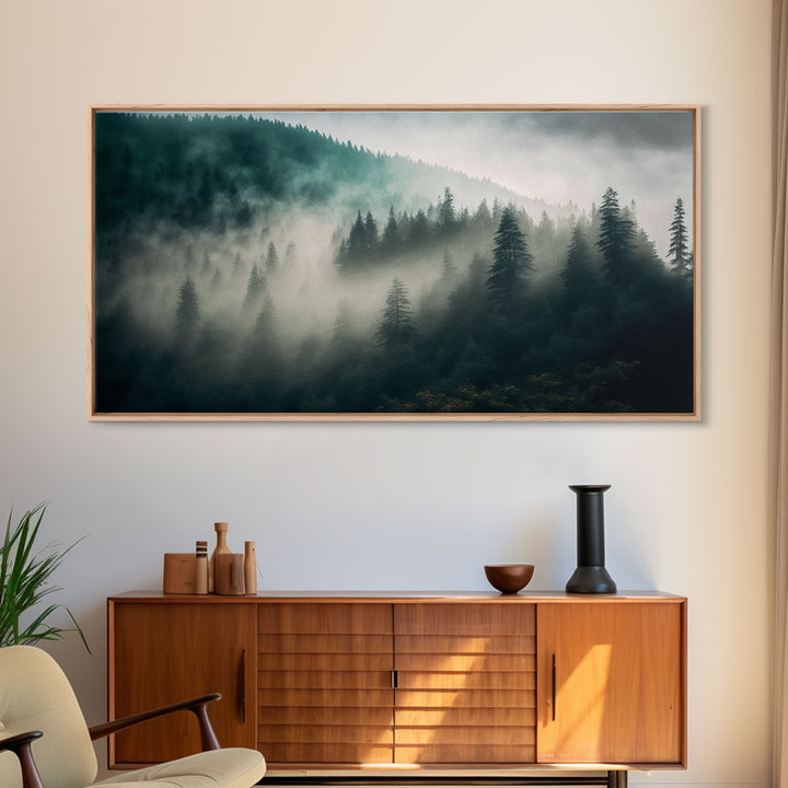 Foggy Forest wall art, relaxing art, zen art, framed canvas print, foggy landscape, trendy decor